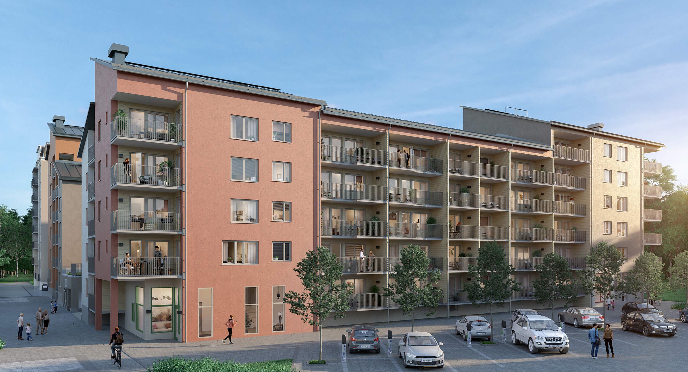 Fasadvy på grannskapet Tinnerbäcks Brunn (Visualisering)