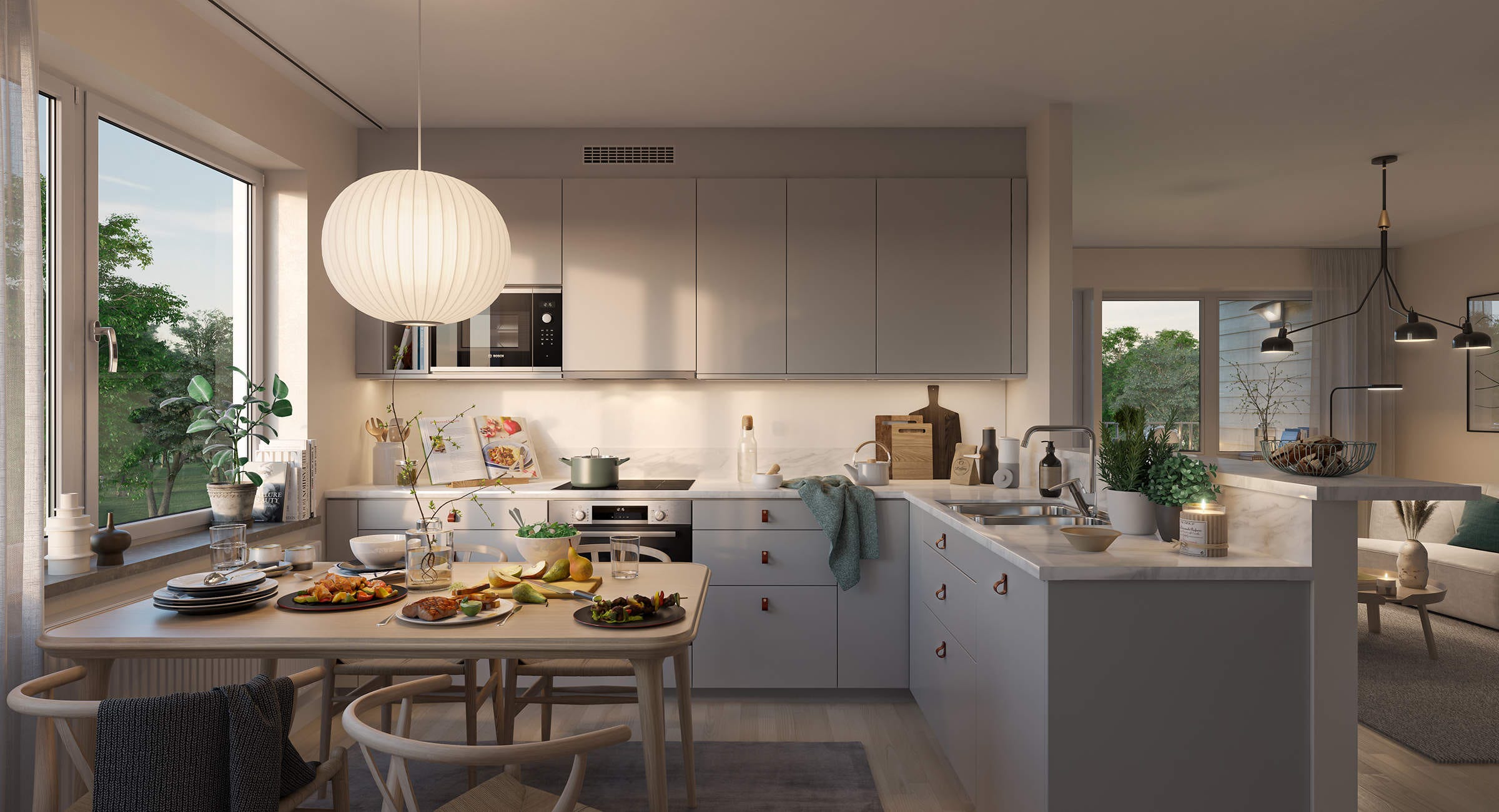 Visualisering på kök med matplats i grannskapet Tinnerbäcks Brunn