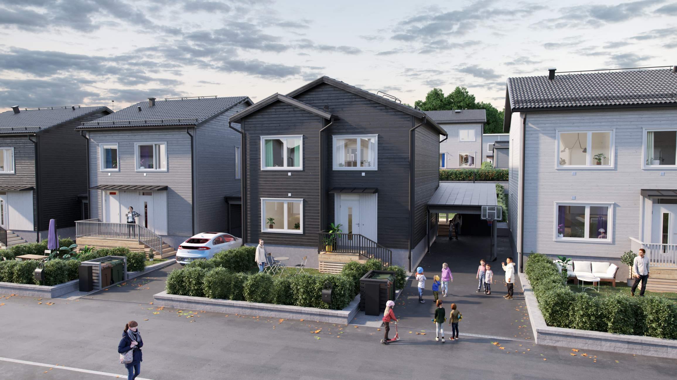 Nyproduktion Stockholm - Gatuvy på grannskapet Lavendeln (Visualisering)