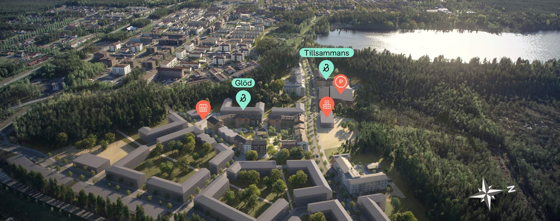 Nyproduktion Tomtebo gård - flygbild som visar de olika grannskapen