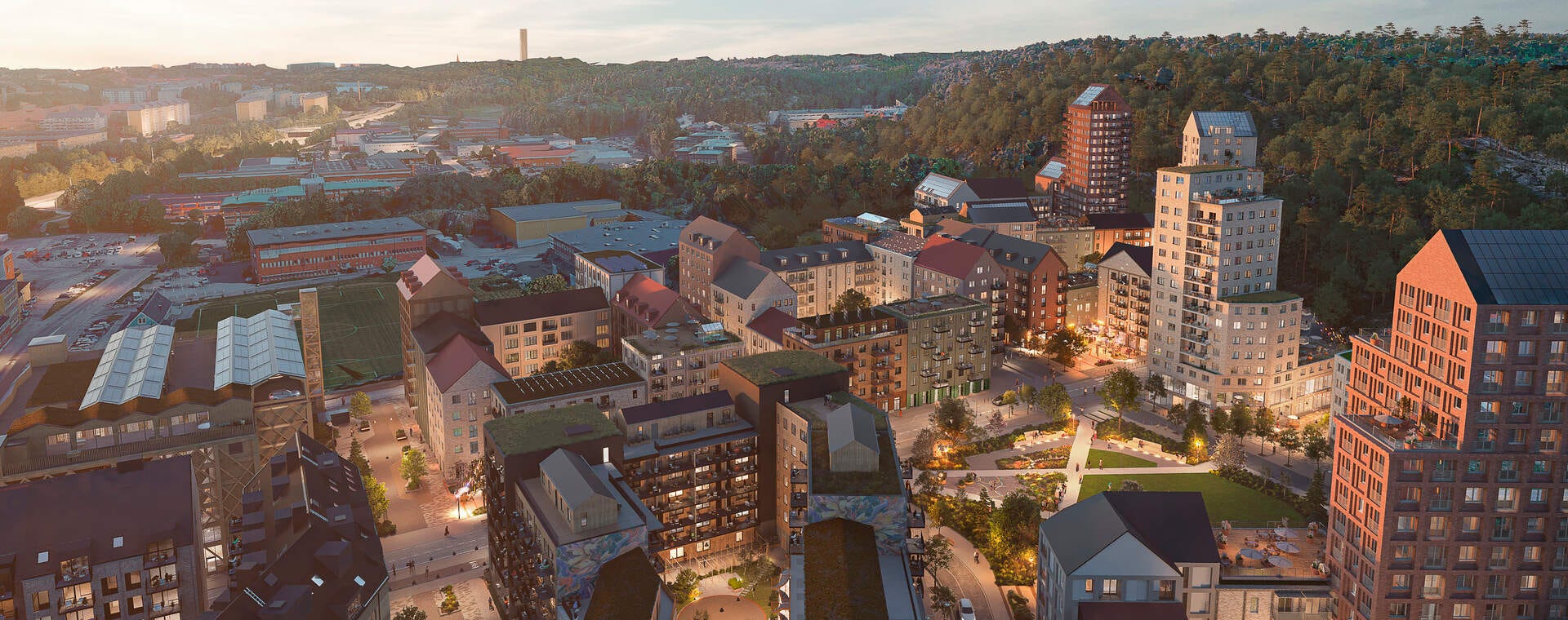 Nyproduktion Göteborg - Flygbild över Södra Änggården (Visualisering)
