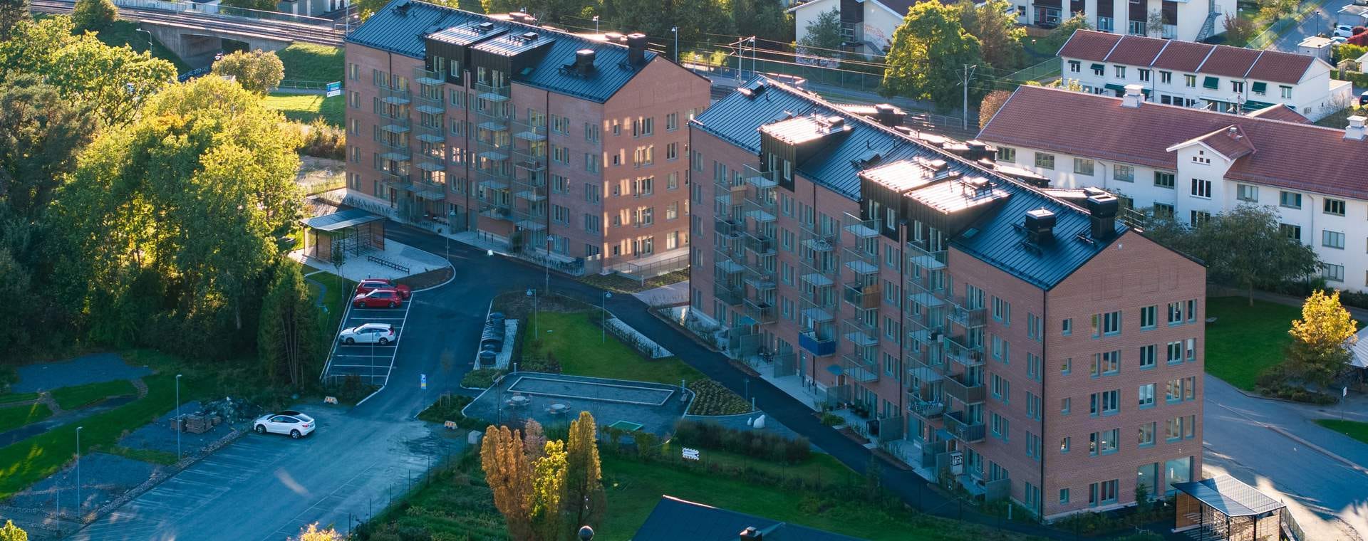 Nyproduktion Göteborg - Flygbild på färdigställda grannskapet Logementet