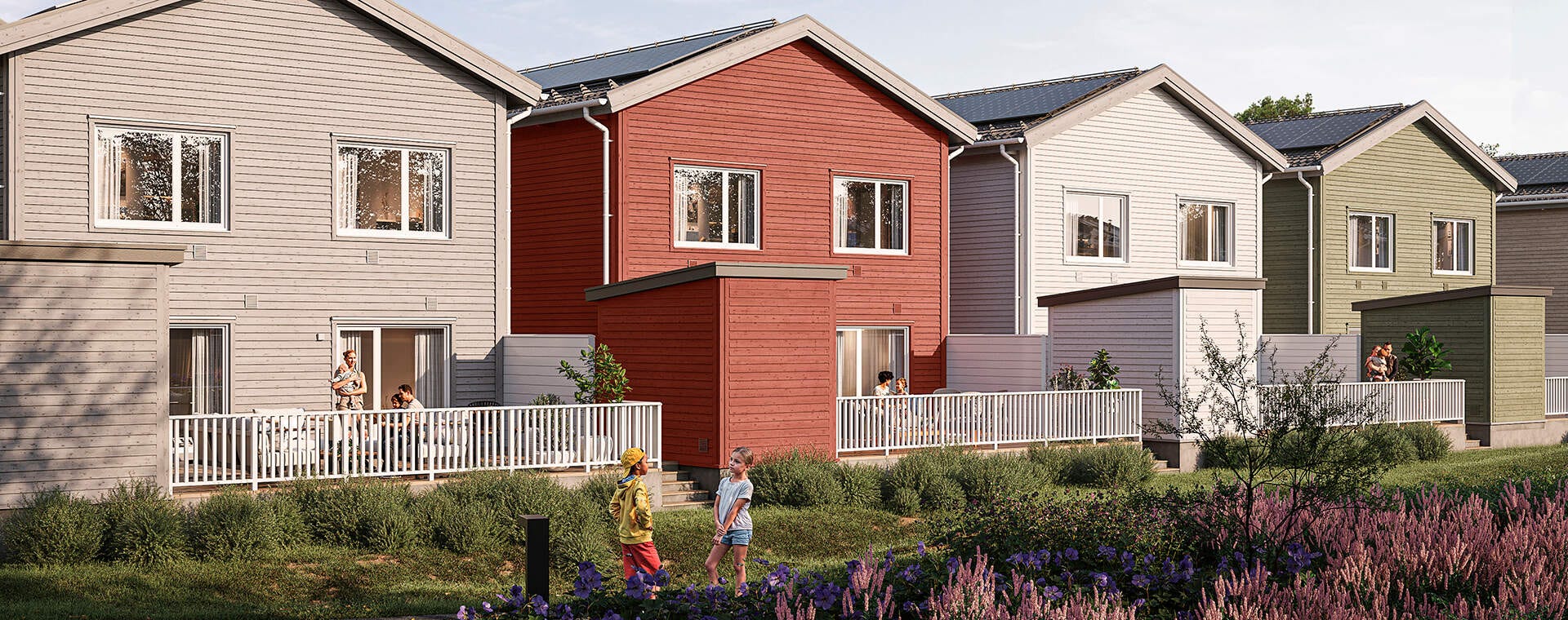 Nyproduktion Stockholm - baksidan på Färgglada Fjärilshusen i Ormbacka i anslutning till naturen (visualisering)