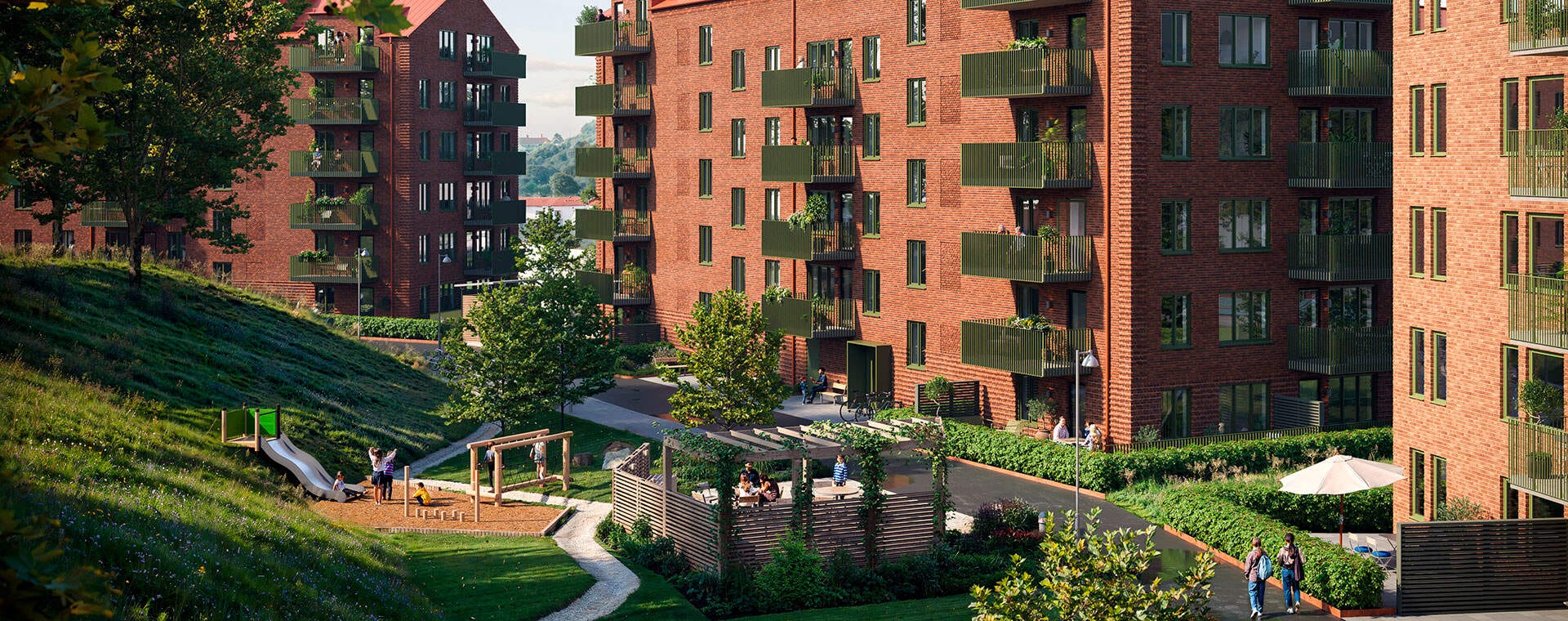 Nyproduktion Göteborg - Visualisering på innergården i grannskapet Logementet II
