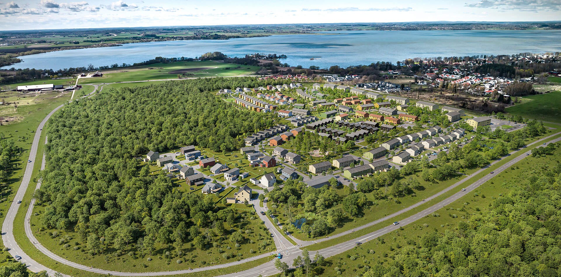Tidig visualisering av visionen för Ekängens nya trädgårdsstad.
