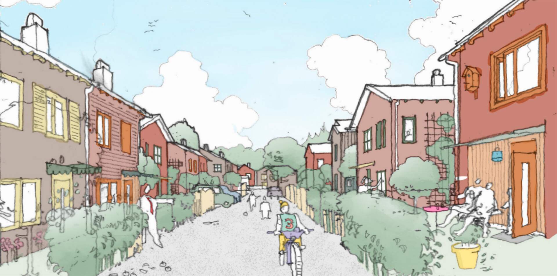 Stenhamra trädgårdsstad – Lugnet vid Mälaren Nyproduktion på Ekerö - tidig visualisering av gatumiljö i Stenhamra trädgårdsstad