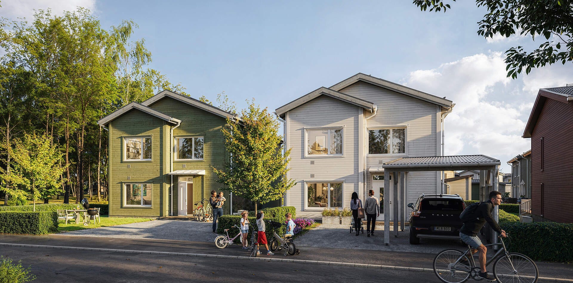Visualisering - Nyproduktion Stockholm – Gatuvy på fristående husen i grannskapet Fjärilshusen III (visualisering)