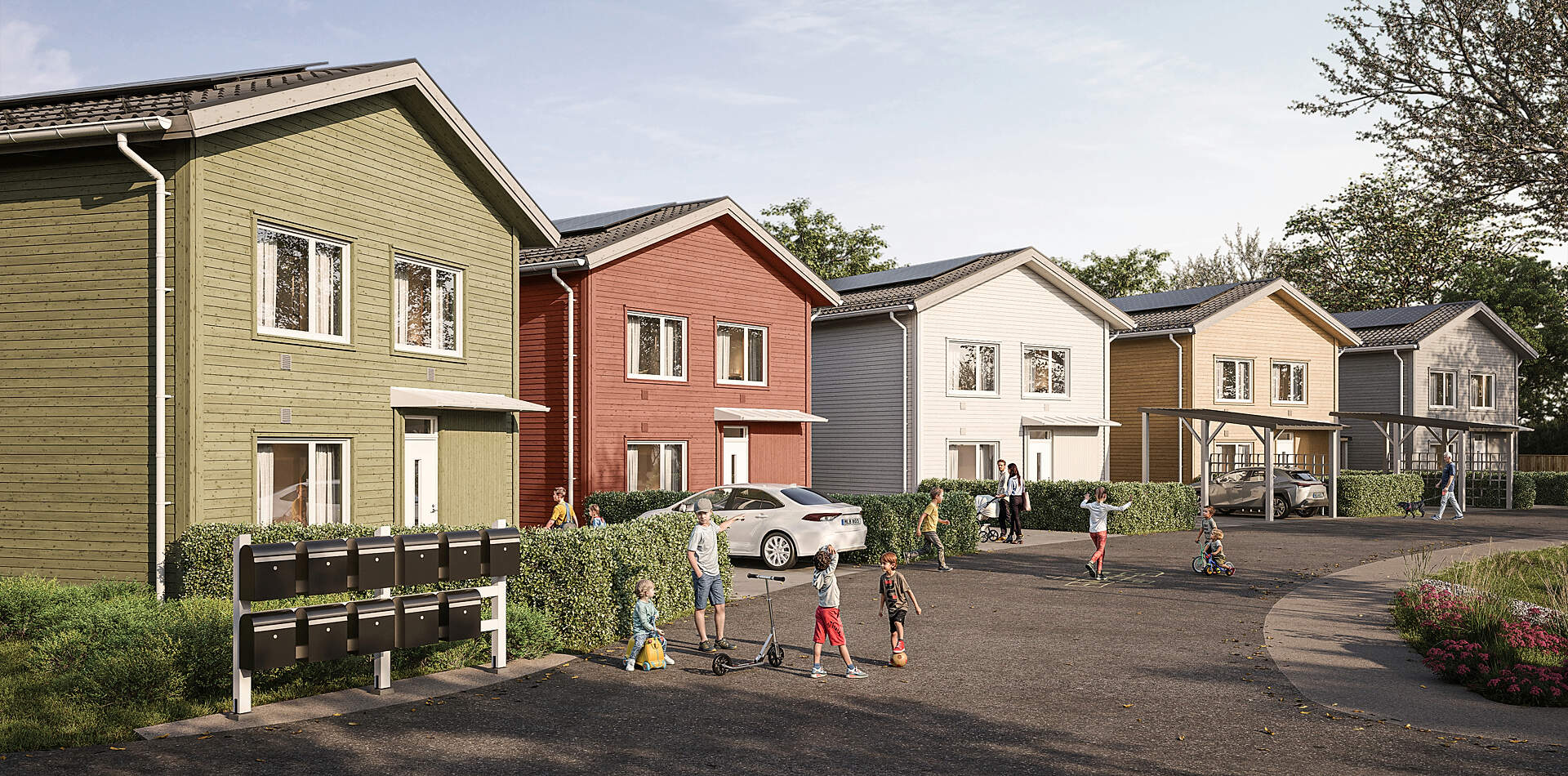 Nyproduktion Stockholm – visualisering på radhusen i grannskapet Fjärilshusen i Ormbacka