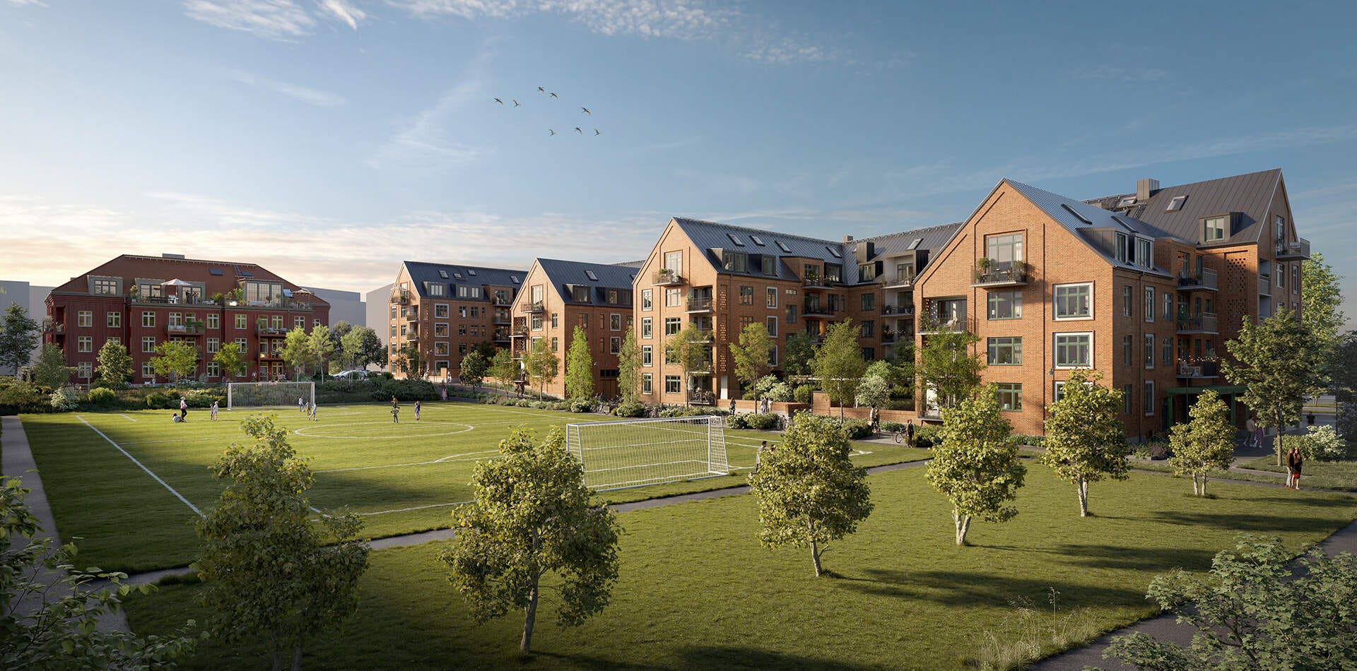 Nyproduktion Uppsala – vy på grannskapet Seminariet och Seminarieparken (visualisering)