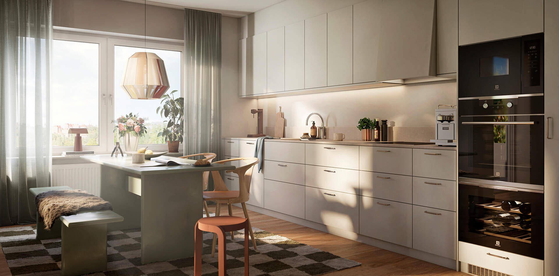 Nyproduktion Stockholm – visualisering på kök med matbord och fint ljusinsläpp