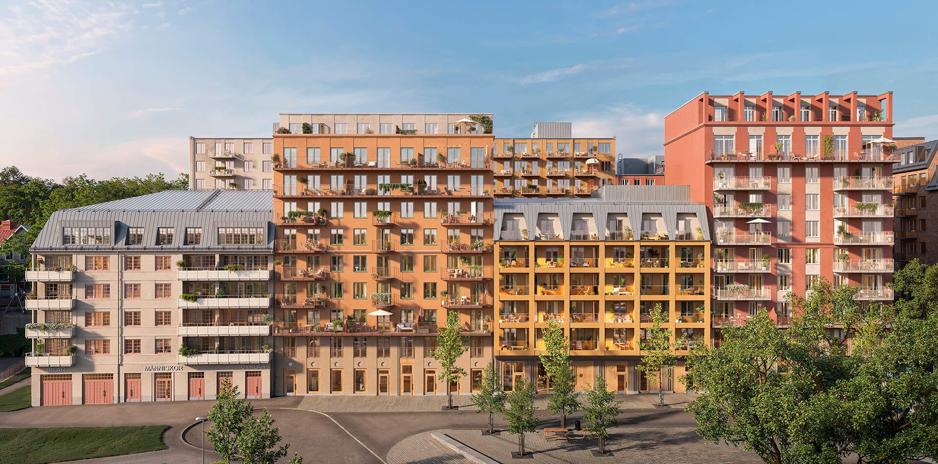 Visualisering - Nyproduktion i Nacka - visualisering av flerbostadshus med balkonger mot gård och träd, fasader i ljusa och varma toner samt varierande takformer.