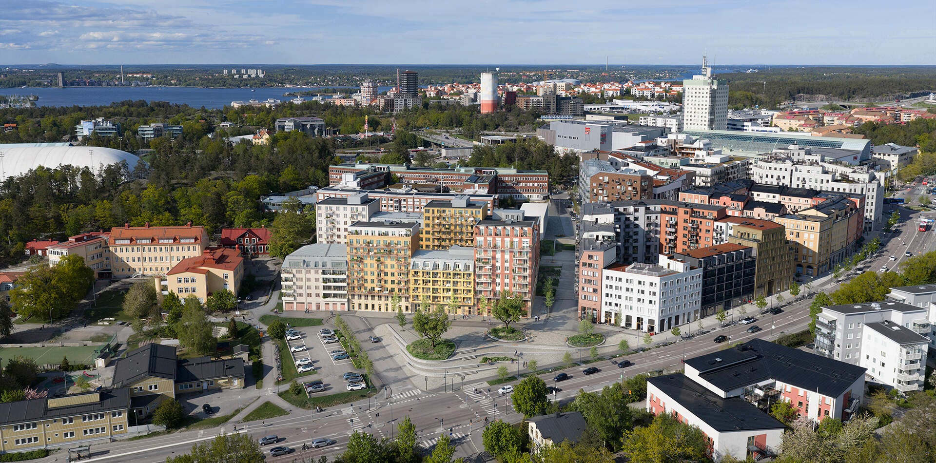 Visualisering över Nacka centrum med det planerade projektet Nacka Nouveau i fokus