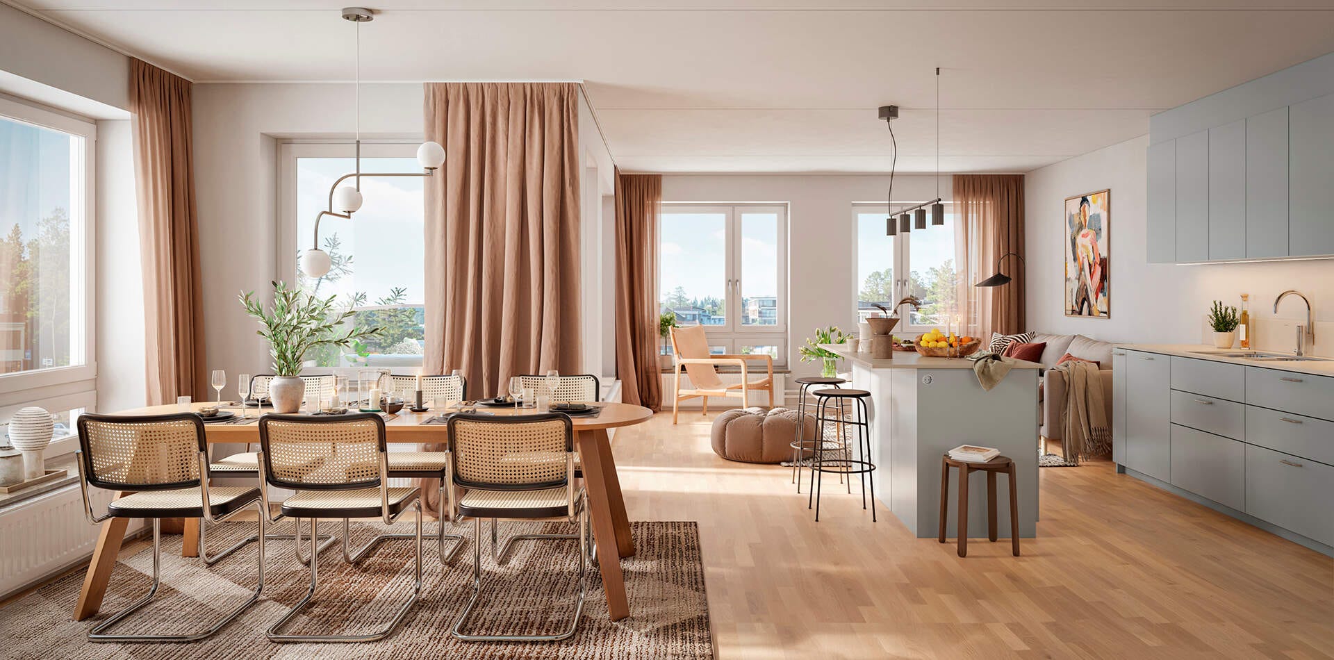 Visualisering - Ljust vardagsrum med matplats och kök i öppen planlösning, stora fönster, köksö och sittdel med fåtölj.