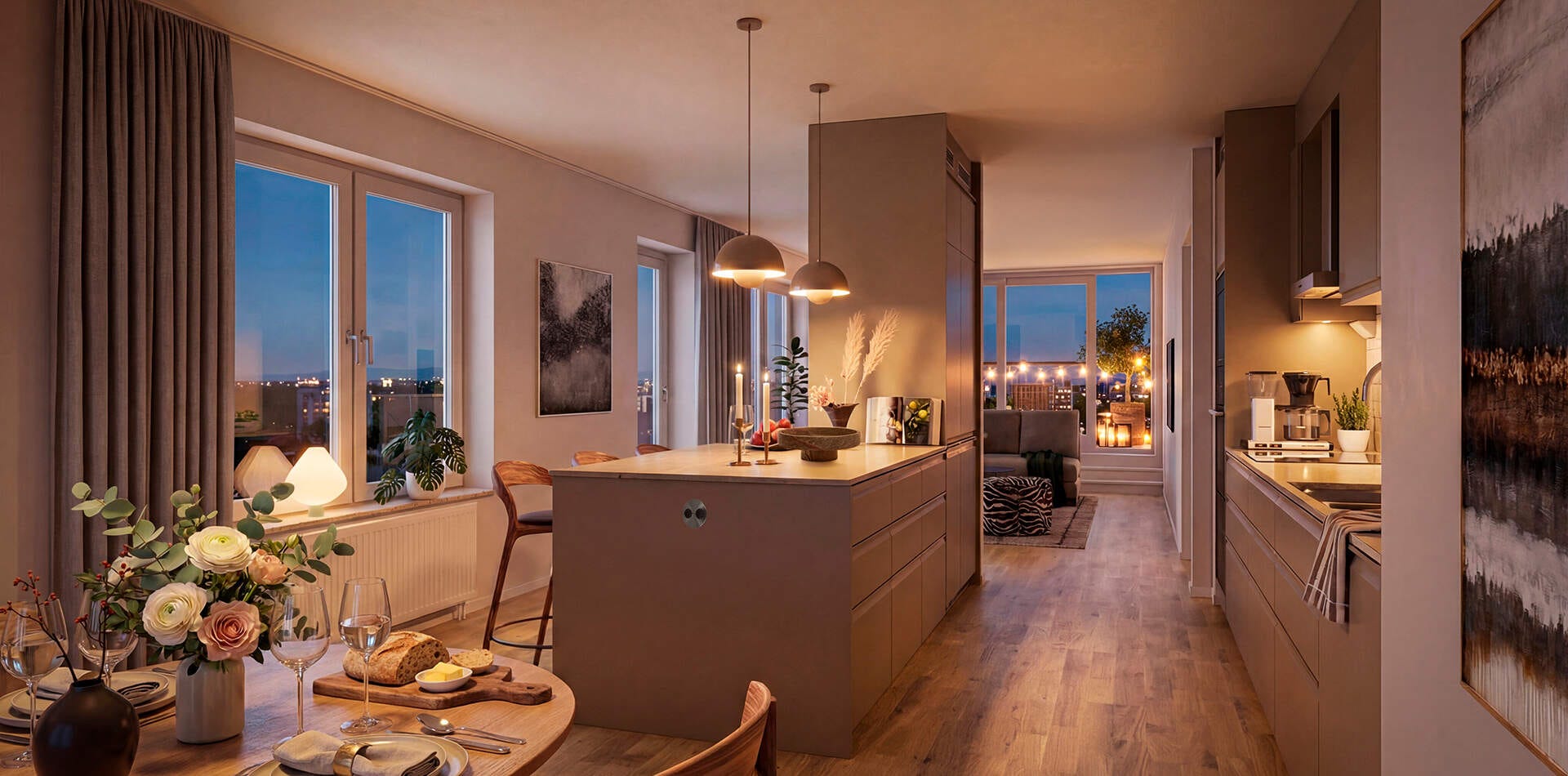 Motorn på Hagaliden bjuder på utsikt över Haga till middagen Visualisering - Modernt kök med köksö, matplats och vardagsrum i öppen planlösning med varm belysning och stora fönster kvällstid.